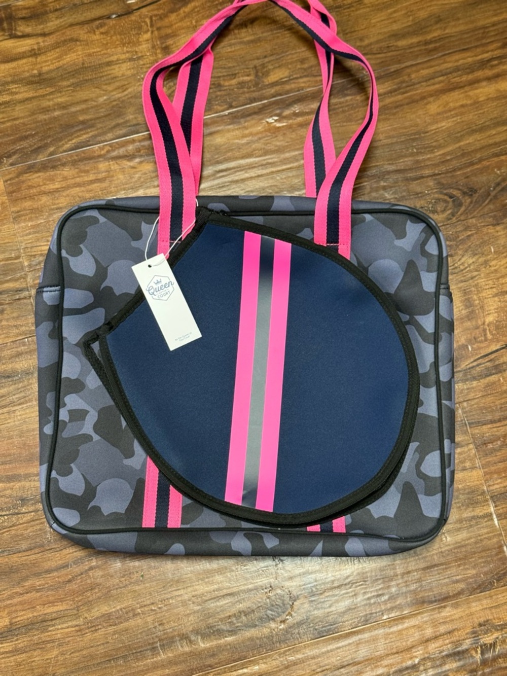 Navy & Pink Striped Neoprene Tote with Padded Round Accessory